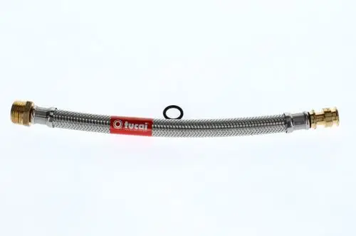 Flexschlauch von Bosch mit geschliffenem Metallgeflecht und zwei anschraubbaren Enden, einem messingfarbenen und einem verchromten Anschluss.
